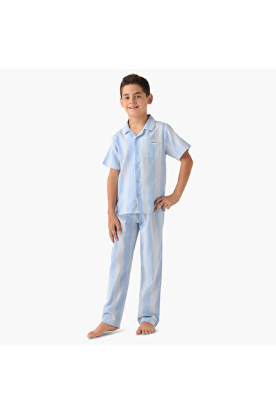 Juniors Boys Shirt and Pyjama Set with Stripes - Cotton - Short Sleeves - Collar