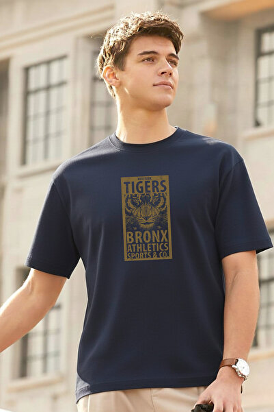 DK DAKSEL Men's Navy Blue Tigers Bronx Athletics Printed Cotton Casual T-Shirt