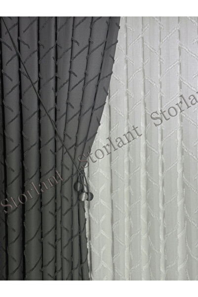 Storlant Puffy Linear Textured Gray Background Curtain L Frequent Pleats L Preferred - Product Frequent Pleats L with Accessory Gift
