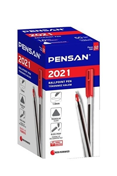 Pensan Tükenmez Kalem 2021 Üçgen Gövdeli Şeffaf Kırmızı 50'li