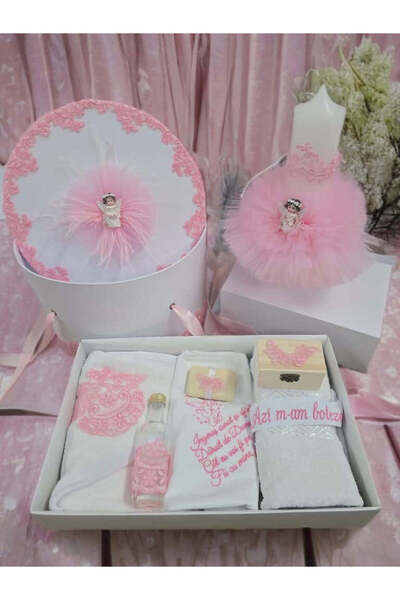 OBSIDION Set botez AURORA - cutie trusou lumanare - alb roz