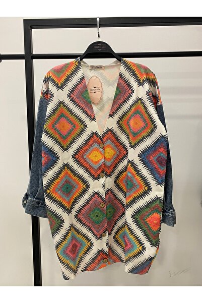 Hatun Atila Long Knit Cardigan with Denim Detail on the Sleeves - 1180