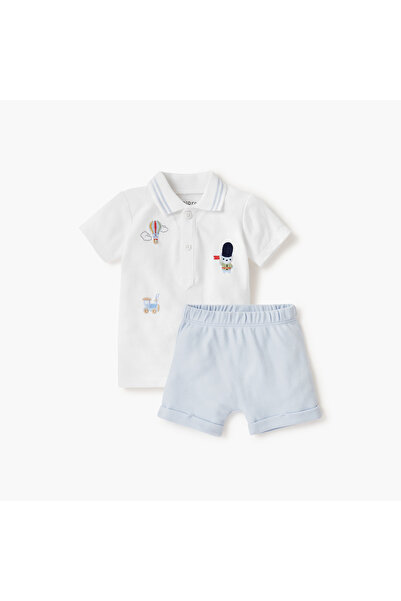 Juniors Embroidered T-shirt and Pique Shorts Set
