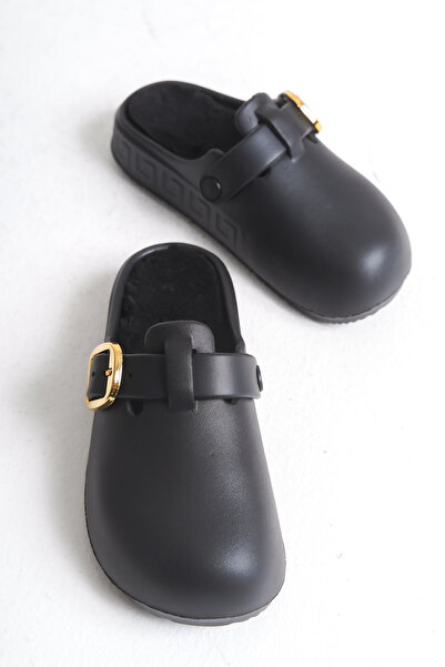 DELSOLERA Women's Black Closed-Front Sheepskin Lined Stainless Buckle Non-Slip Sabo Home and Outdoor Orthopedic Slippers