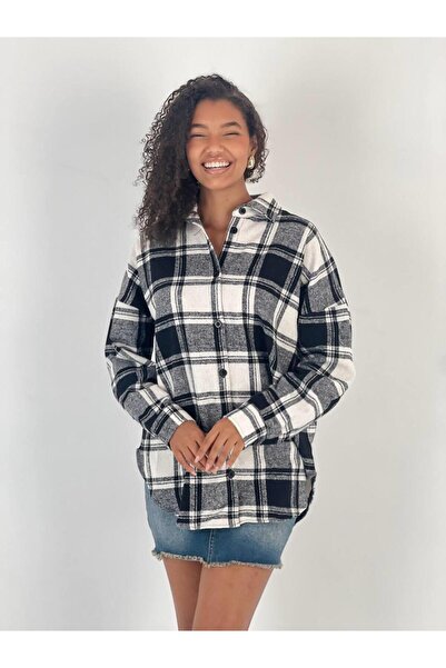 Miss Poem Women's Black and White Plaid Patterned Shirt