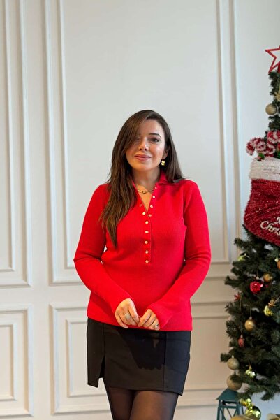 Yağmur Butik Πλεκτό πουλόβερ με ψηλό λαιμό και λεπτομέρεια με κουμπωτά μπροστά