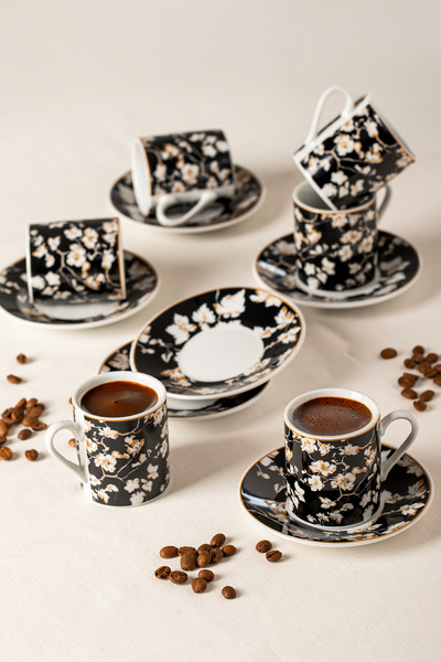 Porsima Altın Yaldızlı Porselen 6 Kişilik Fincan Seti 12 Parça Türk Kahvesi F...