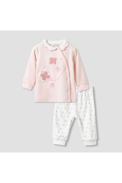 Juniors طقم بيجاما مزين بتطريز فراشة - أكمام طويلة - ياقة