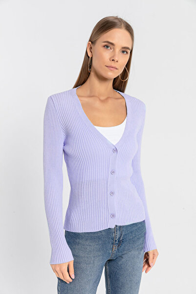 Miss Poem Women's V-Neck Buttoned Corded Fabric Lilac Cardigan