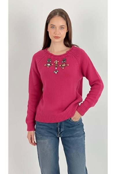 Miss Poem Pulover de tricotat cu pietre aplicate K.Fuchsia pentru femei