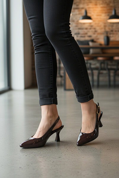 ELMANDO Women's Ovis Pointed Heeled Shoes - Brown-Patent Leather