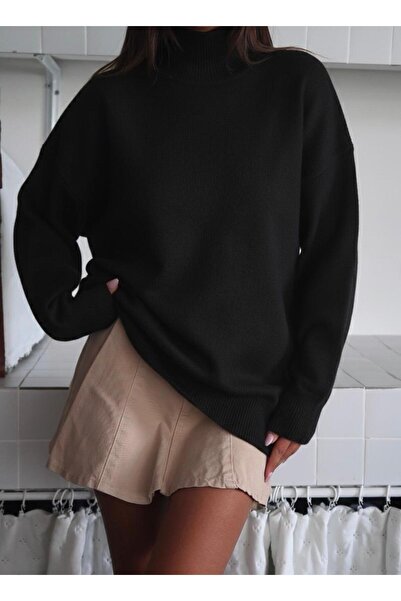 Maysev Balıkçı Yaka Düz Örgü Oversize Fit Kadın Kazak