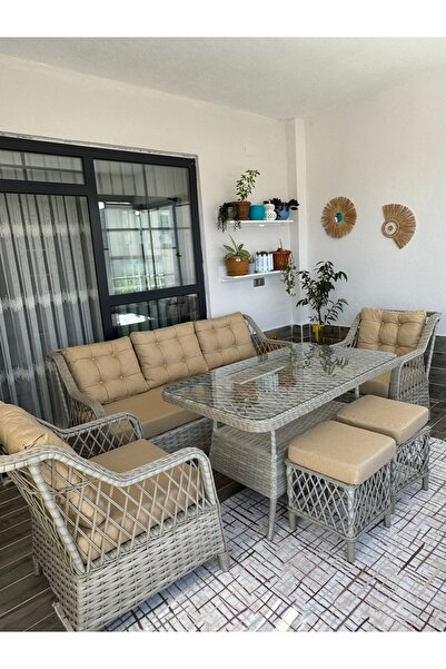 SALINCAKCIM PETRA 3+1+1+MASA+2PUF BAHÇE BALKON MOBİLYASI,BAL KÖPÜĞÜ RATTAN/BE...