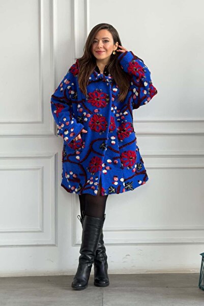 Yağmur Butik Çiçek Kabartmalı Şal Yaka Keçe Kaban