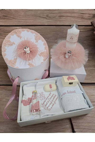 OBSIDION Set botez AURORA - cutie trusou lumanare - alb roz pudra