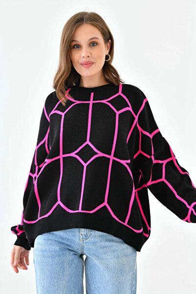 Park Karon Women's Crew Neck Patterned Oversized Knitwear Sweater 224403