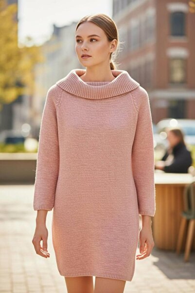 Miss Poem Women's Degaje Collar Thessaloniki Knit Powder Knitwear Dress