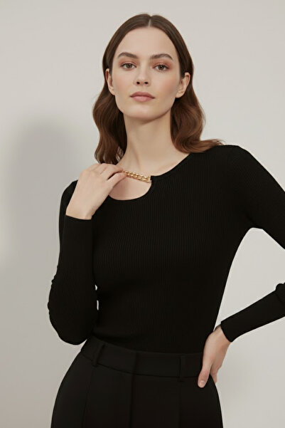 evolise Women's Black Cotton Ribbed Knit Chain Detailed Window Collar Cut Out...