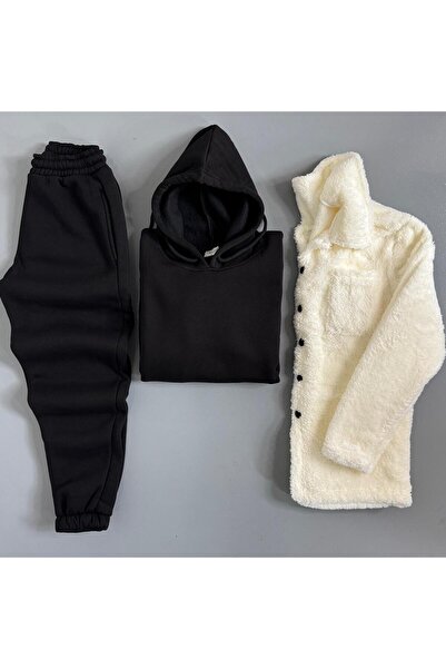 WENMİNG Men's Plush Jacket + 3 Thread Fleece-Lined K Hooded Tracksuit Set 3-P...