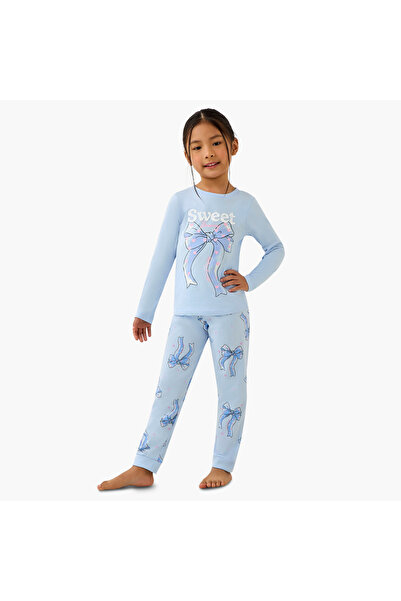 Juniors Cotton Crew Neck Long Sleeves Pyjama Set with Bow Print