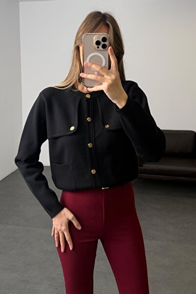 5in1Canpolat Black Gold Buttoned Pocket Cardigan 140360