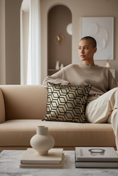 Framgan Altın Geometrik Desenli Dekoratif Kırlent | Lüks Dokulu Modern Tasarım