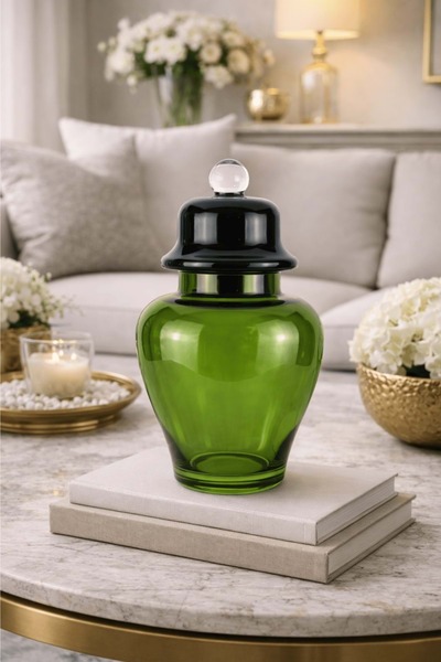 Jenisa وعاء زجاجي أخضر مزخرف - وعاء سكر مكعب بغطاء زجاجي