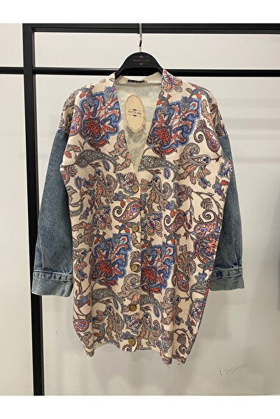 Hatun Atila Long Knit Cardigan with Denim Detail on the Sleeves - 1180