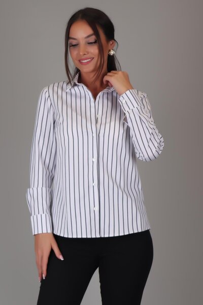 SWEETNESS Women's Black Striped Long Sleeve Stretch Fabric Cotton Classic Shirt Dk001-3