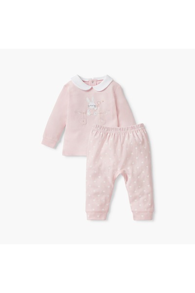 giggles Bunny Applique T-shirt and Heart Print Pyjama Set