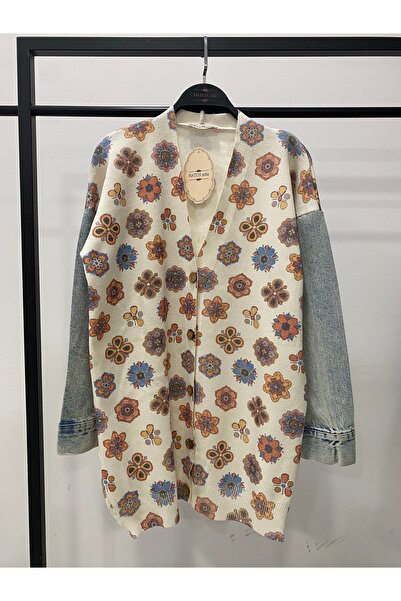 Hatun Atila Long Knit Cardigan with Denim Detail on the Sleeves - 1180