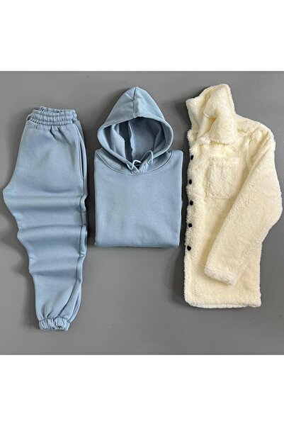 WENMİNG Men's Plush Jacket + 3 Thread Fleece-Lined K Hooded Tracksuit Set 3-P...