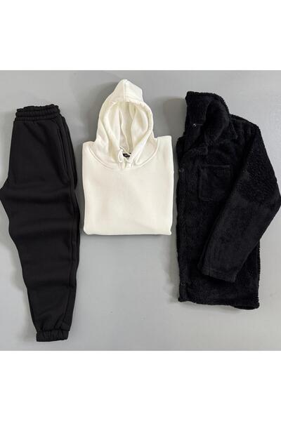 WENMİNG Men's Plush Jacket + 3 Thread Fleece-Lined K Hooded Tracksuit Set 3-Piece Combination