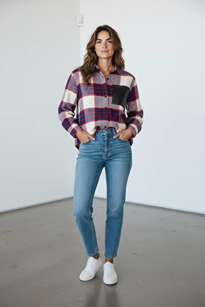 Miss Poem Women's Fuchsia Plaid Patterned Leather Pocket Detailed Shirt