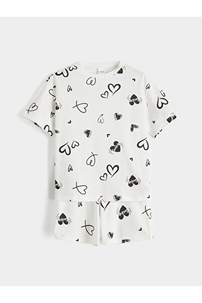 LC Waikiki Set de pijamale pentru fete cu model de inimă ecru