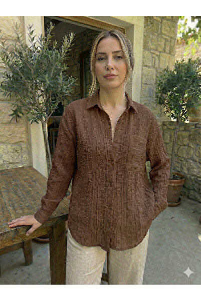 PATİSKHALİFE 4698 Yırtık Detaylı Oversize Tek Cep Kadın Gömlek