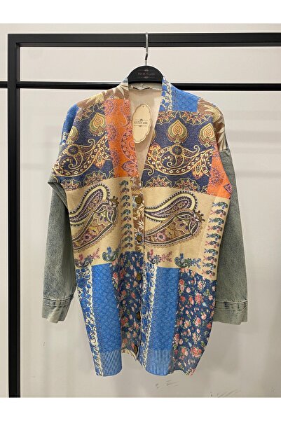 Hatun Atila Long Knit Cardigan with Denim Detail on the Sleeves - 1180