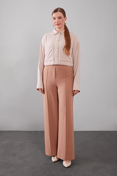 Levidor Camel Elastic Waist Ribbed Stitched Pants