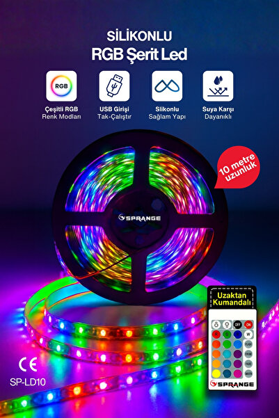 SPRANGE 10 Metre RGB Şerit LED 16 Renkli Kumandalı | 4 Modlu Ayarlanabilir Iş...