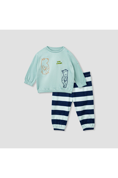 Juniors طقم سويت شيرت مطرز وبنطال بيجاما مخطط