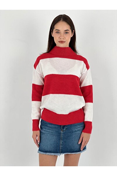 Miss Poem Women's Red and White Striped Turtleneck Knit Sweater