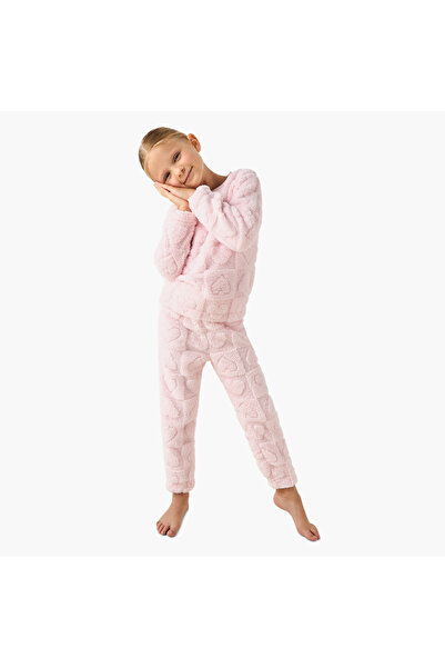 Juniors Girls Pyjama Set with Heart Embossed Print - Polyester - Long Sleeves...