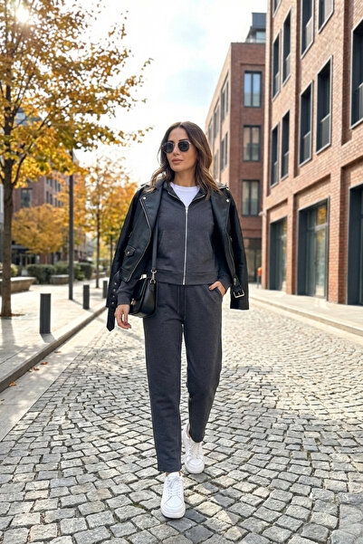 Le'sluette shadow of style Women's Casual 2 Thread Elastic Waist Sports Top and Bottom Two-Piece Set Anthracite Gray