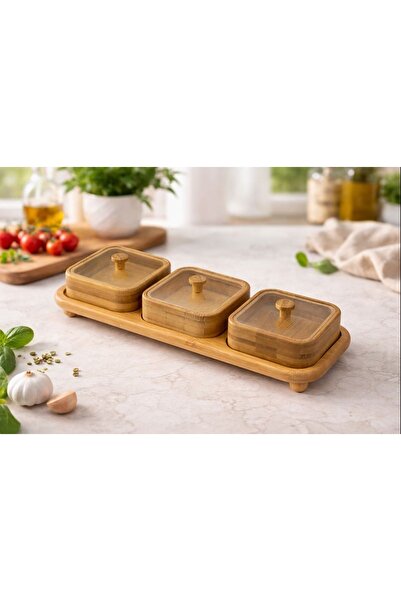 ALLEGRI Bambu 7 Parça Top ayaklı Stand Pleksi Cam Kapaklı 3 lü Kare Çerezlik Kahvaltılık