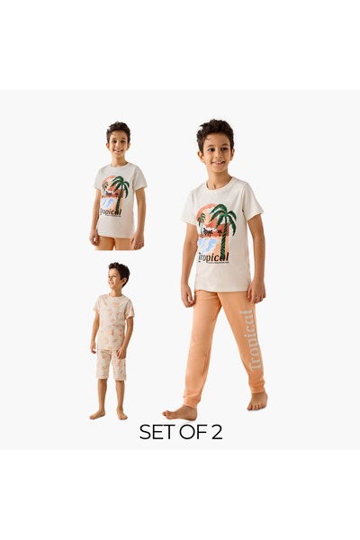 Juniors طقم تيشيرت وبيجامة بنقشة استوائية - قطعتان