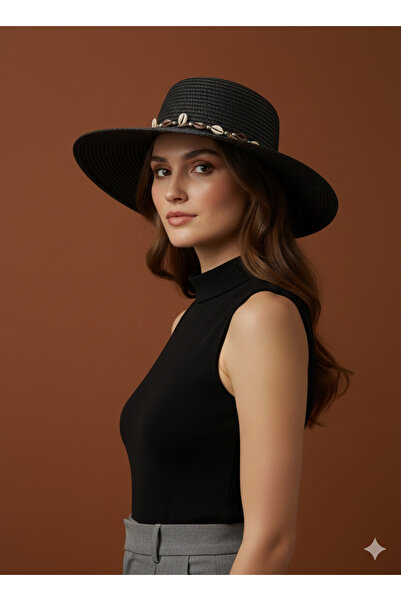 REBBEX Pălărie de vară cu boruri largi, cu textura de tricotat neagră, cu detalii de scoici de mare colorate naturale