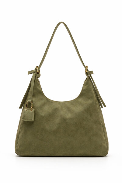 KISCHE Women's Shoulder Bag Suede Khaki Green Casual Lined Zippered Adjustable Charmlı Women's Bag Lisa