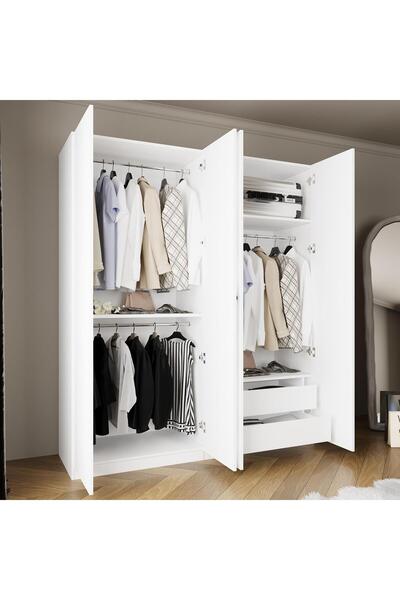 Bimossa KC8040 GOSS 180 cm Modern Beyaz Kapaklı Gardırop, 4 Kapaklı, Askılı v...