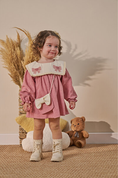 Minipodyum Nakış Detaylı Bebe Yaka Çantalı Bayramlık Keten Kız Bebek Elbise