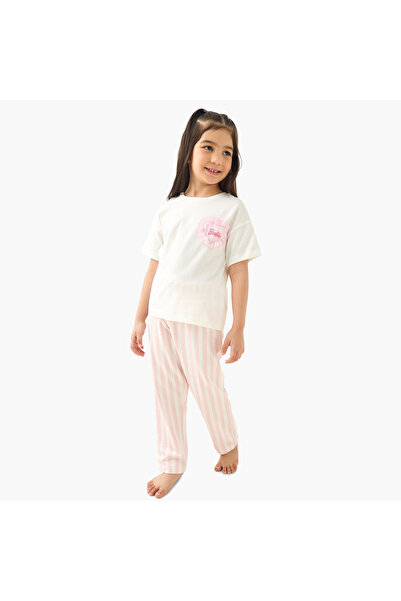 mattel طقم تي شيرت وبيجامة مطرز بشعار باربي